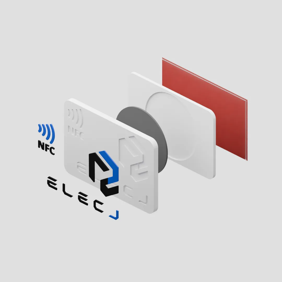 Rugged NFC Tag exploded view — branded ABS top plate, the on-metal NTAG215 inlay carrying its antenna, and the ABS backplate disc