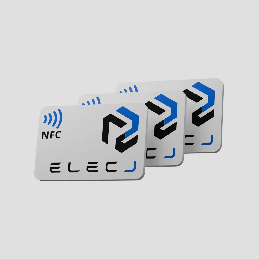 ELECJ Rugged NFC Tag — branded card-style tag with NFC badge and ELECJ logo, rendered against a dark background