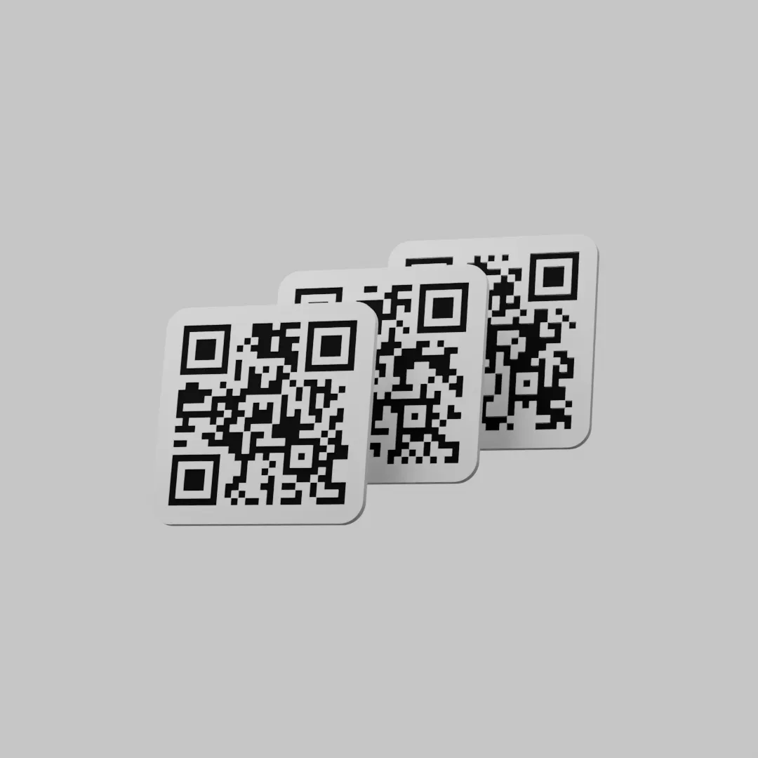 ELECJ Rugged QR Tag — three white 3D-printed QR-code tags arranged in a row on a light background